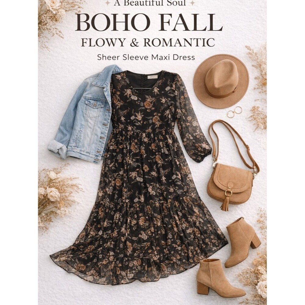 A BEAUTIFUL SOUL Floral Maxi Dress Boho Fall Sheer Sleeve Flowy Romantic Sz XL
